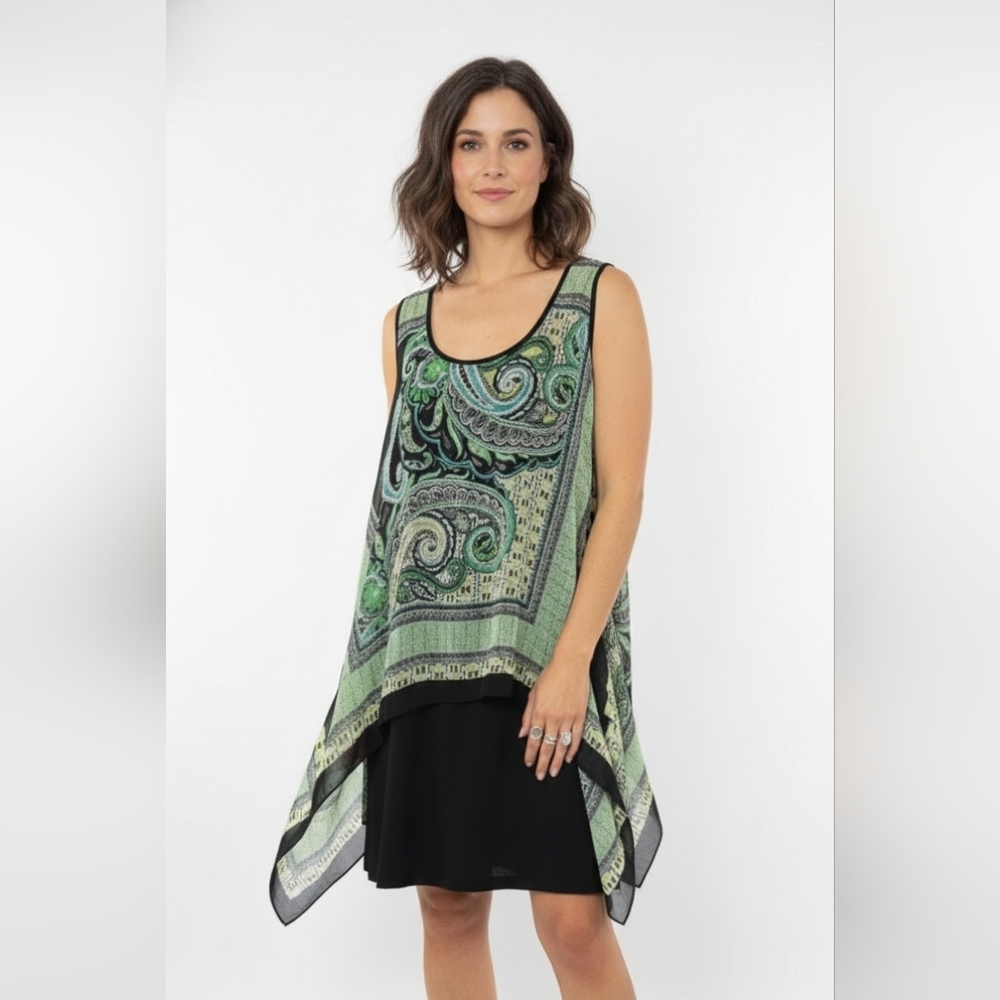 SLNY Dress Green Black Sleeveless Paisley Boho Layered Handkerchief 18W